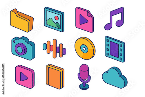 Media Library flat isometric set: open folder, photo frame, video file, music icon, camera, sound wave, CD disc, film strip, play button, book icon, microphone, cloud storage.