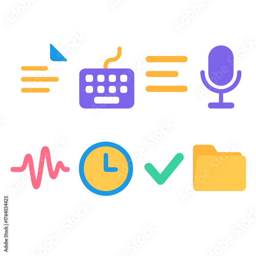 Transcription Tools flat icons: document, keyboard, text lines, microphone, waveform, clock, checkmark, folder.