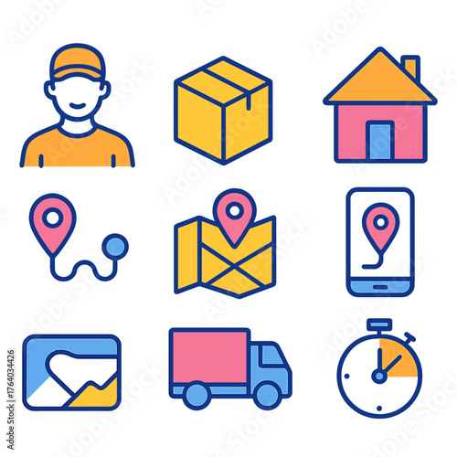 Last-Mile flat icons: delivery person, package, house, phone, route line, map pin, truck, stopwatch.