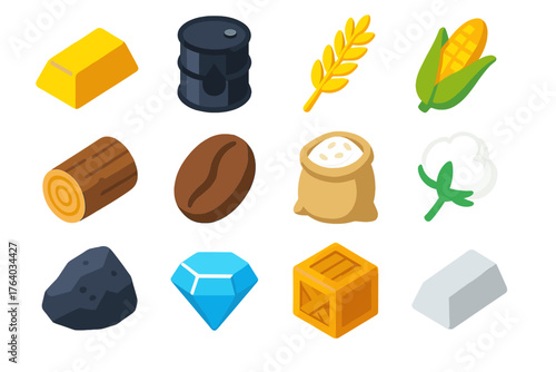 Commodities flat isometric set: gold bar, oil barrel, wheat stalk, corn cob, wood log, coffee bean, rice sack, cotton plant, iron ore, diamond, crate box, silver bar.