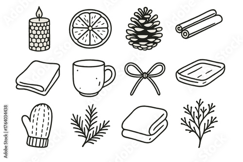Christmas Serenity Rustic Natural outline icon set: beeswax candle, dried orange, pinecone, cinnamon stick, linen cloth, hand-thrown mug, twine bow, wooden tray, knitted mitten,