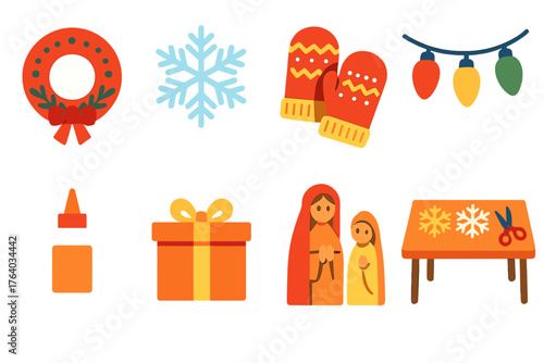 Festive Market Crafts flat icons: handmade decor, paper snowflakes, wool mittens, carved figurines, string lights, glue bottle, gift box, craft table.