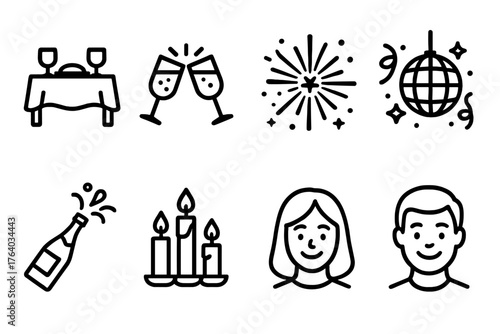 New Year Gathering — Celebration night outline icon set: dining table, clinking glasses, fireworks burst, confetti stream, disco ball, champagne bottle, glowing candles, smiling
