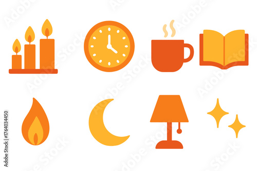 Candlelight Evenings flat icons: trio of candles, clock, warm mug, open book, gentle flame, crescent moon, lamp, sparkles.