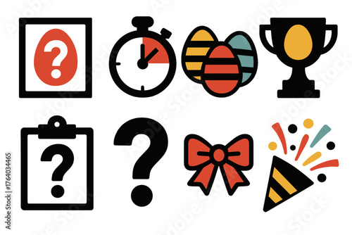 Easter Challenge — Holiday game silhouette set: quiz card, timer, painted eggs, trophy, clipboard, question mark, ribbon bow, confetti burst.