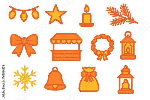 Festive Market Culture Decor — Minimal Duotone flat icons: string lights, star ornament, candlelight, pine garland, ribbon bow, market sign, wooden stall, wreath, lantern,