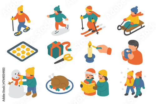 Winter Activities flat isometric set: snowshoeing, skating, skiing, sledding, baking cookies, gift wrapping, candle lighting, cocoa sipping, snowman building, festive meal, singing