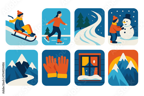 Frosty Escapades flat icons: sled ride, ice rink, winter forest, snowstorm path, snowman building, warm gloves, cabin window, frosty peaks.