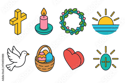 Easter Challenge — Celebration day flat isometric set: cross symbol, candle, wreath, sunrise, dove, basket, heart, light rays.