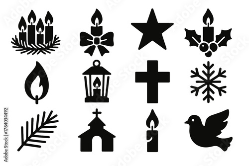 Advent Candles silhouette set: glowing candles, pine wreath, ribbon bow, star, holly, flame, lantern, cross, snowflake, pine branch, church, dove.