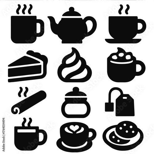 Comfort Beverages Cozy Café Style silhouette set: steaming mug, teapot, coffee cup, cocoa with marshmallows, slice of pie, cinnamon stick, whipped cream, tea bag, glass mug, sugar