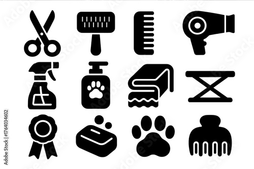 Pet Salon Tools silhouette set: scissors, brush, comb, blow dryer, spray bottle, shampoo, towel, grooming table, ribbon, soap bar, paw print, hair clip.