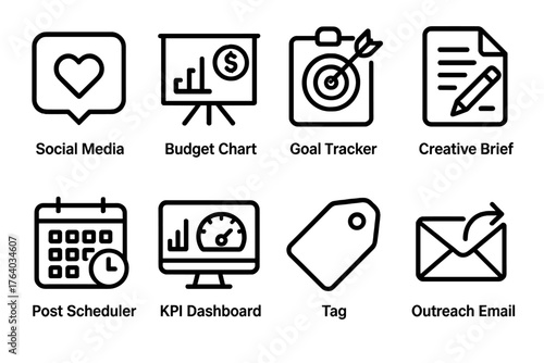Marketing Campaigns outline icon set: social media icon, budget chart, goal tracker, creative brief, post scheduler, KPI dashboard, tag icon, outreach email.