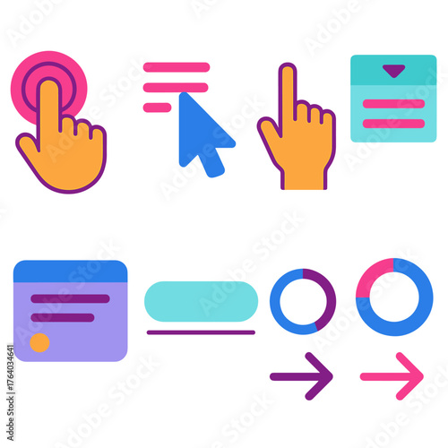 Interaction Design flat icons: touch screen tap, hover cursor, scroll interaction, menu dropdown, modal window, input field, progress indicator, motion arrows.
