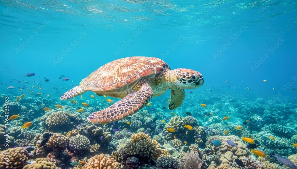 Fototapeta premium Green Sea Turtle swimming gracefully over a vibrant coral reef.