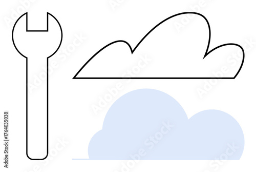 Cloud outline paired with a wrench symbolizes cloud computing, technical maintenance, and service upgrades. Ideal for technology, IT solutions, repair, innovation, networking, data storage simple
