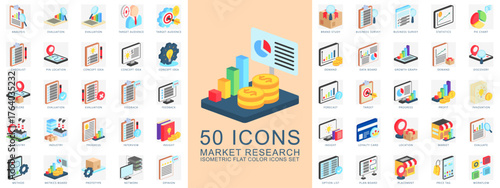 Market Research isometric flat color icons set. contain analysis, evaluation, statistic, growth graph, industry and more. Vector for modern concept, print, UI, UX kit, web and app development.