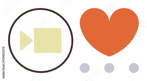 Yellow video camera in a brown circle and red heart next to three dots, representing video communication, love, connection, messaging, creativity, media, and relationships in a simple flat metaphor