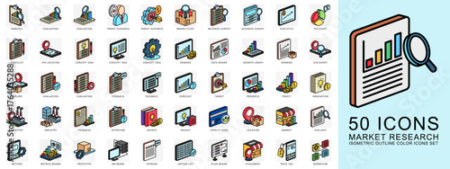 Market Research isometric outline color icons set. contain analysis, evaluation, statistic, growth graph, industry and more. Vector for modern concept, print, UI, UX kit, web and app development.