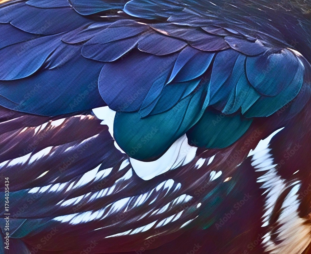 Obraz premium Blue, green, brown, and white feathers of a bird