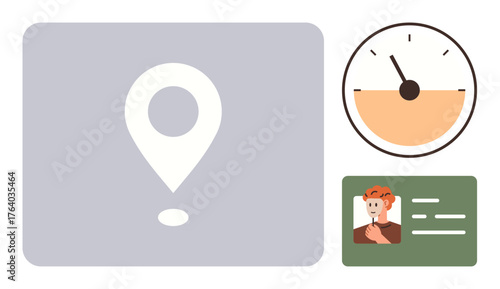 Location pin in focus, analog speedometer gauge, and profile card with avatar and text. Ideal for navigation, tracking, speed analysis, identity verification, logistics, usability or interface