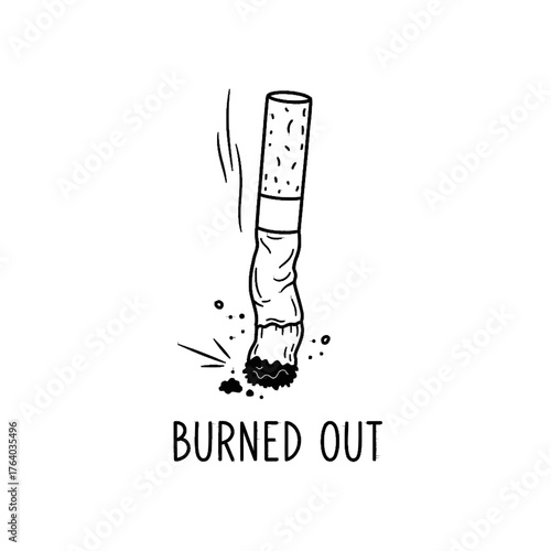 Minimalist Tattoo Stencil Vector, Extinguished Cigarette Butt, "BURNED OUT" Phrase, Stark Black Outline