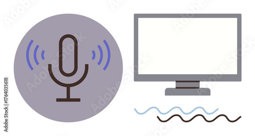 Microphone emitting sound waves alongside a computer monitor and stylized audio lines. Ideal for communication, podcasting, broadcasting, sound recording, virtual meetings, media creation, simple