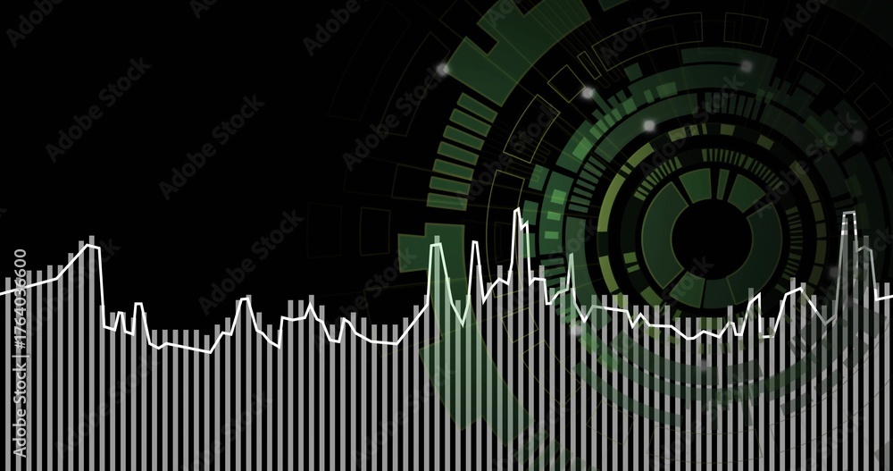 Naklejka premium Showing digital interface with white equalizer bars and jagged waveform on black, green HUD rings