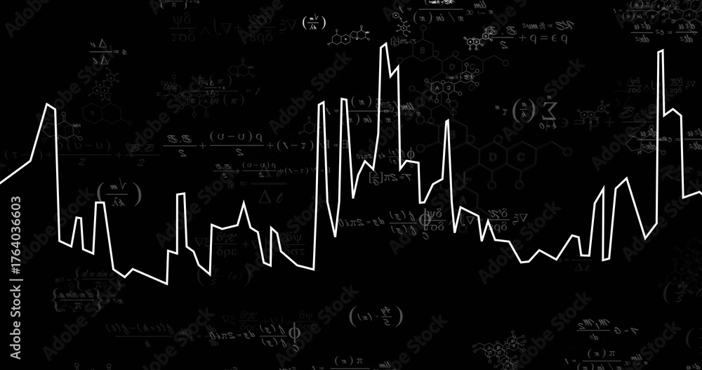 Naklejka premium Displaying white waveform line pulsing on digital backdrop, with math symbols, chemical diagrams