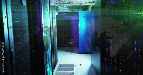 Showcasing blue server cabinet standing in data center aisle, with overhead cable tray