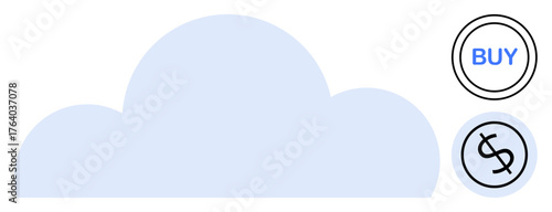Blue cloud graphic with a Buy button and a dollar sign icon, representing cloud-based services. Ideal for cloud computing, data storage, subscription fees, digital economy, online platforms, tech