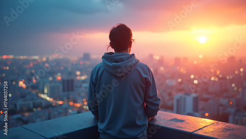 Contemplative figure looks over expansive city skyline at breathtaking golden hour with hopeful