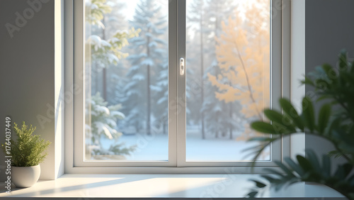 Cozy indoor scene featuring a bright window view of a snow-covered forest creating a serene