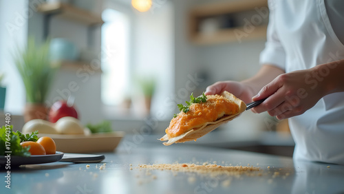 Culinary artist presents gourmet flatbread slice with rich topping in bright kitchen scene,