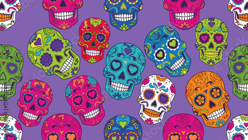 Colorful Sugar Skull Pattern for Day of the Dead. Festive Calaveras on Purple Background