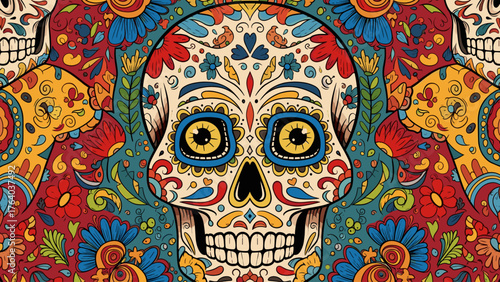 Vibrant Sugar Skull Pattern for Día de los Muertos. Colorful Calavera Mexican Folk Art Design.