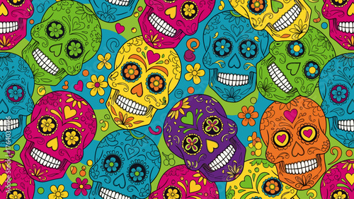 Bright Mexican Folk Art Sugar Skull Seamless Pattern for Day of the Dead