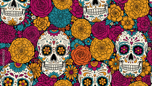Vibrant Day of the Dead Sugar Skull and Floral Seamless Pattern. Calavera and Marigold Flowers Background.
