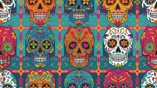 Colorful Sugar Skulls Seamless Pattern. Dia de los Muertos Calaveras with Intricate Mexican Folk Art Design Background