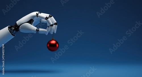 On a blue backdrop,robot's gleaming white hand delicately holds bright red ornament,suggesting futuristic holiday celebration.Christmas and new year mood,copy space.