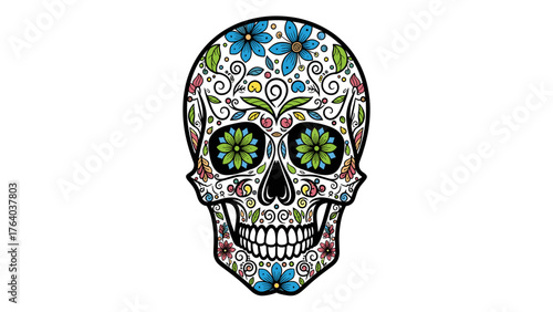 Colorful Sugar Skull Illustration. Day of the Dead Calavera with Floral Patterns. Traditional Mexican Folk Art.