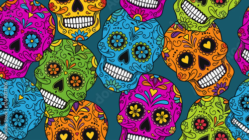Brightly Colored Sugar Skulls Pattern. Festive Mexican Dia de los Muertos Background. Traditional Calaveras Design.