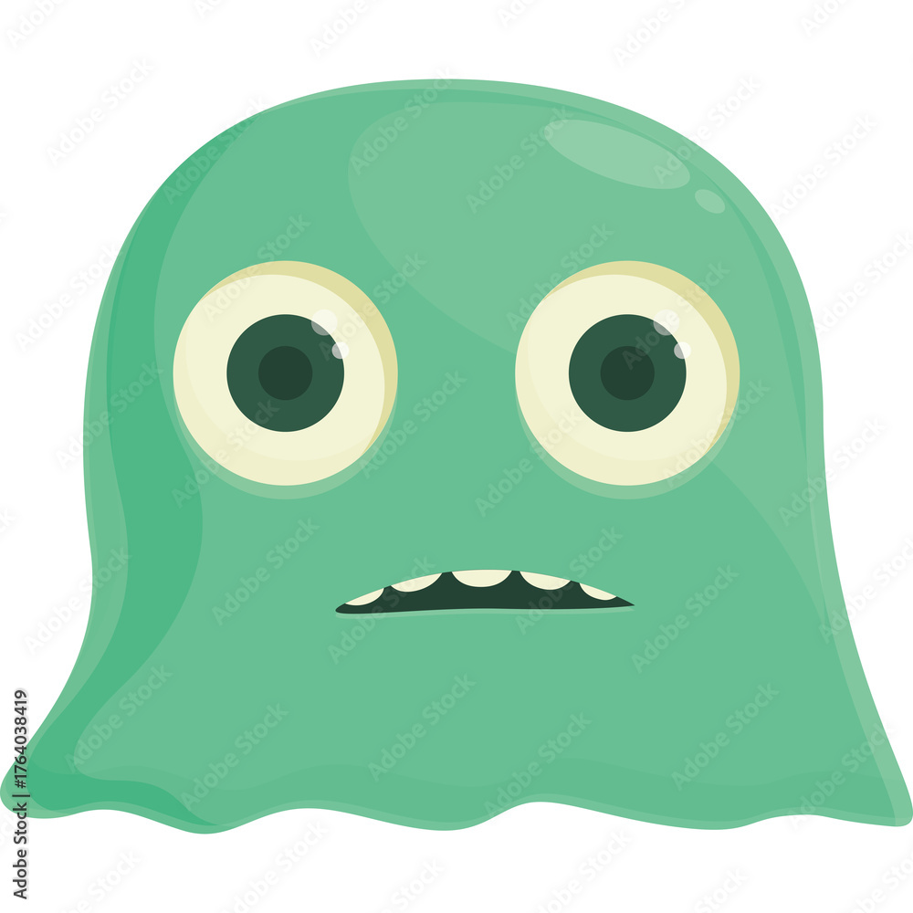 Fototapeta premium A light green ghost character with large googly eyes and a small mouth showing its teeth against a transparent background