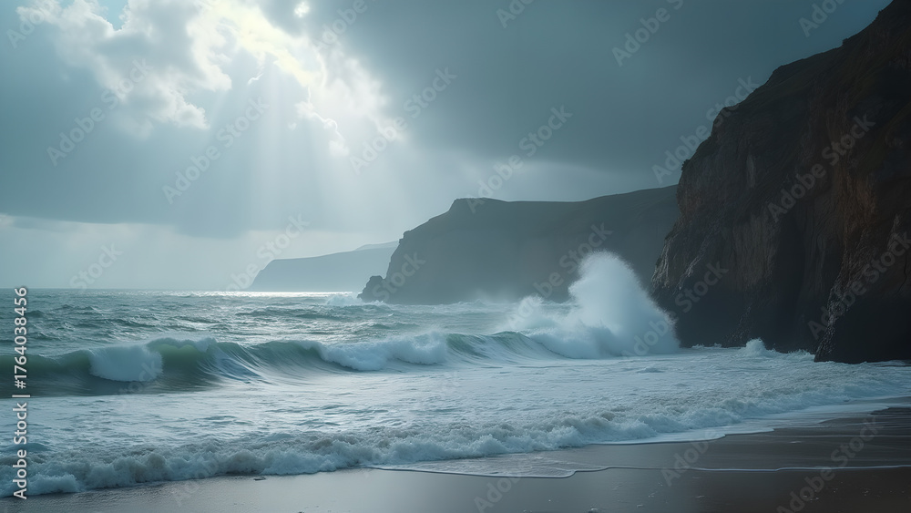 Fototapeta premium Dramatic coastal scene with imposing cliffs turbulent ocean waves breaking shoreline under a