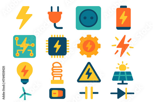 Electric Flash flat icons: lightning bolt, plug, outlet, battery, circuit board, microchip, gear, spark, bulb, coil, high voltage sign, solar panel, wind turbine, switch, capacitor