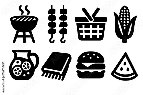 Outdoor Feast silhouette set: barbecue grill, skewers, picnic basket, corn on cob, lemonade jug, blanket, burger, watermelon slice.