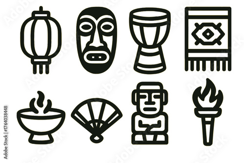 Cultural Practices silhouette set: festival lantern, ceremonial mask, drum, embroidered fabric, ritual bowl, decorative fan, ancestral statue, fire torch.
