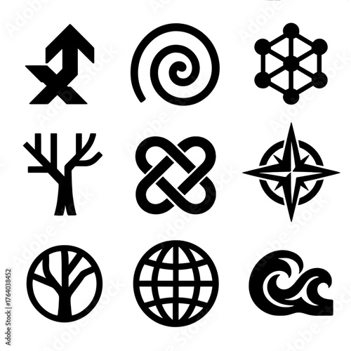 Synthesis silhouette set: merging arrows, spiral shell, neural network, compass rose, tree branches joining, knot, globe, wave fusion.