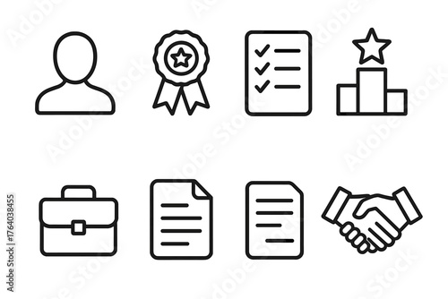 Candidate outline icon set: person silhouette, ribbon badge, checklist, podium, star, briefcase, document, handshake.