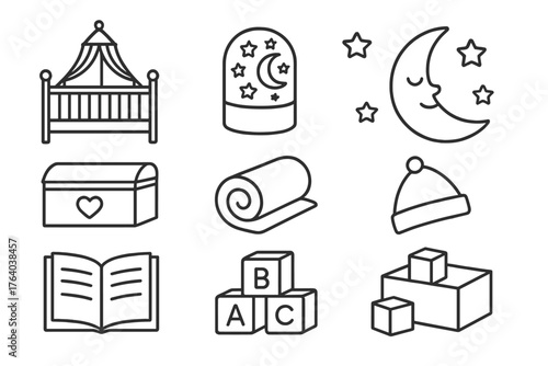 Nursery outline icon set: crib with canopy, starry night lamp, toy chest, blanket roll, baby hat, storybook, toy blocks, sleeping moon.